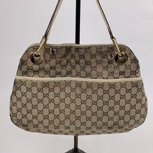 Vintage Gucci Canvas Leather Logo Shoulder Bag Purse Gold Accent Lined Authentic